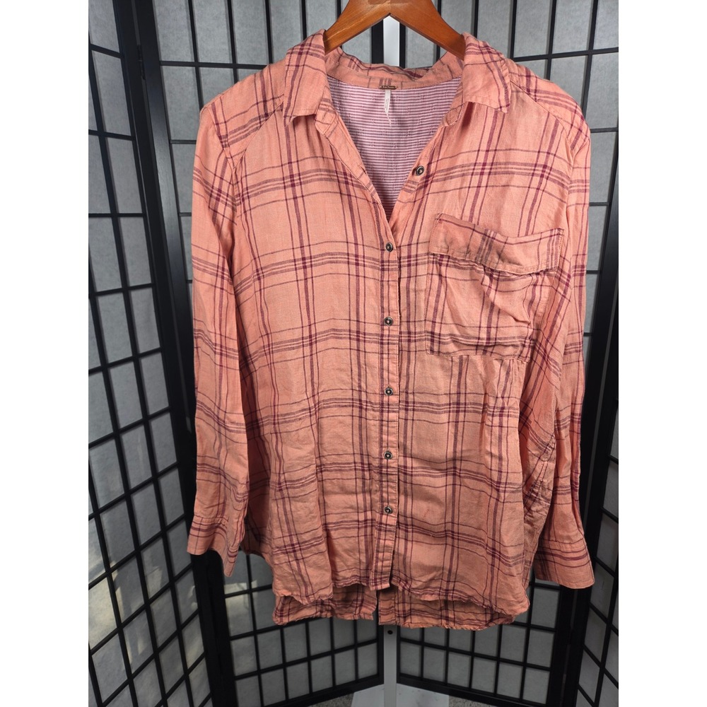 Free People Plaid Button Back Boho Linen High Low Shirt Medium